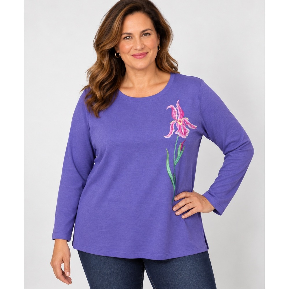 Bob Mackie Wearable Art Purple Embroidered Floral Iris Sweater 1X A50605 NEW